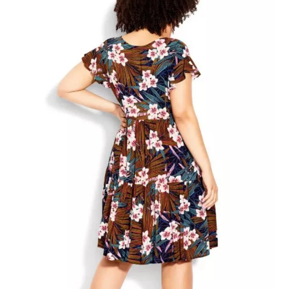 Loralette Floral Palm Tiered Flutter Sleeve Dress 20